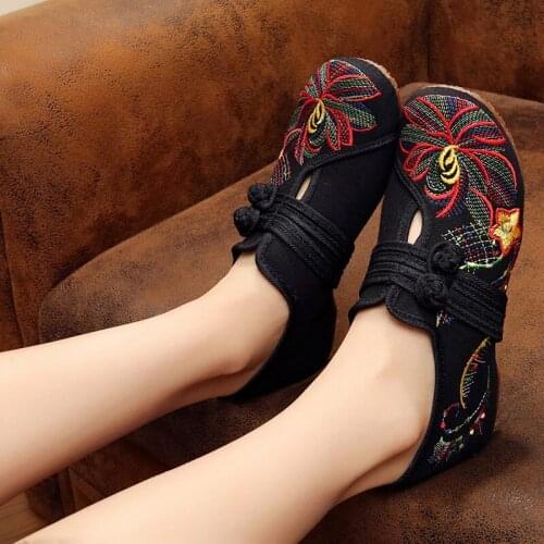 Retro Handmade Flower Embroider Shoes Ballet Flats Chinese Embroidered Oxford Loafers For Ladies Big Size 34-43