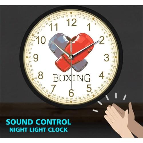 Boxing Gloves Metal Frame LED Wall Clocks Sound Activated Home Decorative Hanging Watch Fighting Sports Wall Art Gift For Boxers