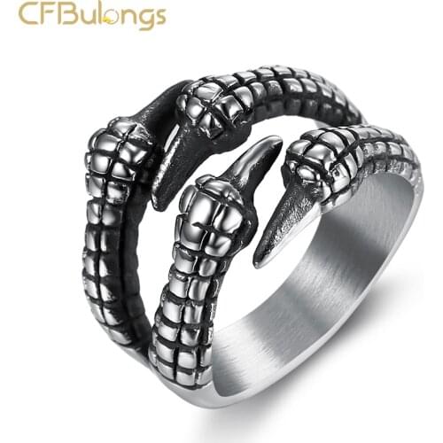 CFBulongs Personality Domineering Opening Dragon Claw Mens Ring Stainless Steel Retro Boiled Black Boyfriend Creative Jewelry