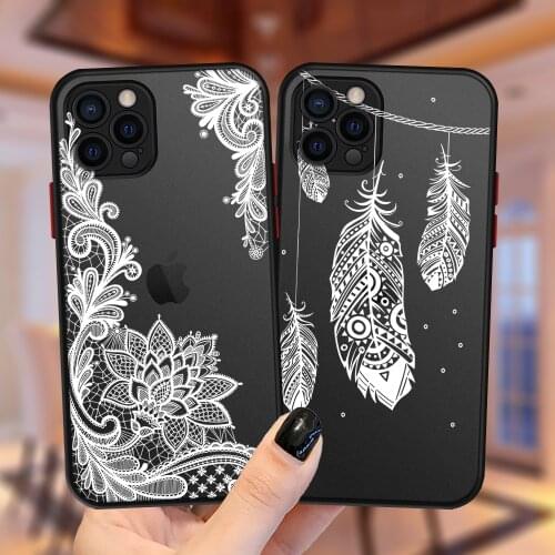 For iPhone 11 12 Pro XS Max X XR 7 8 Plus 6 6S Case Mandala Lace Flower Wind Totem Soft Bumper Transparent Matte PC Back Cover