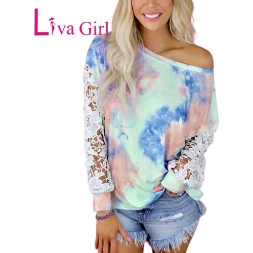 LIVA GIRL Woman Casual Printing Long Sleeve Tie Dye Lace Stitching T-Shirt Female Plus Size Loose O-Neck Autumn Patchwork Tops