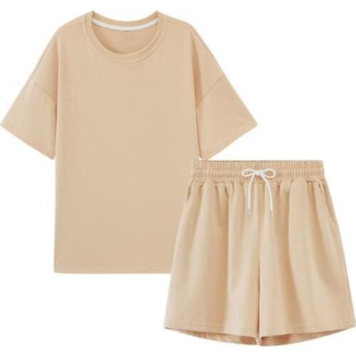 Tracksuit Womens 2 Pcs Set Yoga Outfits Cotton Oversized T-Shirts High Waist Shorts Candy Color Sportswear Sport Suit Female