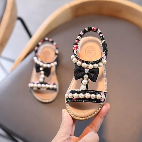 New Summer Children Princess Shoes Baby Girls Flat Pearls Sandals Fashion Bowtie Soft Kids Dance Party Shoes