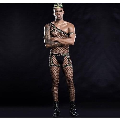 Sexy Male DJ Dance Clothes DS Bar Nightclub Halloween Cosplay Costumes Camouflage Mesh Jumpsuit Atmosphere Party Costume DWY3721