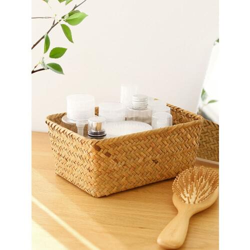 Nordic Rattan Bamboo Basket Seaweed Storage Box Straw Woven Desktop Living Room Mini Office Woven Storage Basket Organization