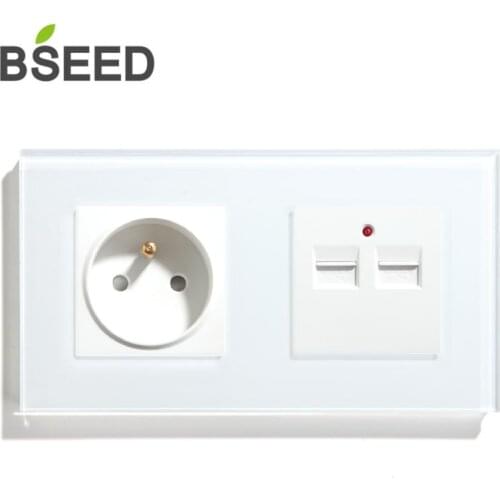 Bseed FR Standard Wall Socket With Double USB Socket With Crystal Panel Black White Color 157mm