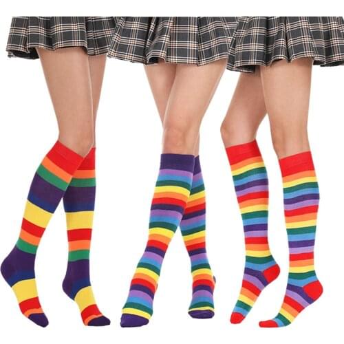 Style Sexy Media Multi Color Stripe Stockings for Women Knees Thigh High Over Knees Silk Stockings for Women Girls Warm Knees So