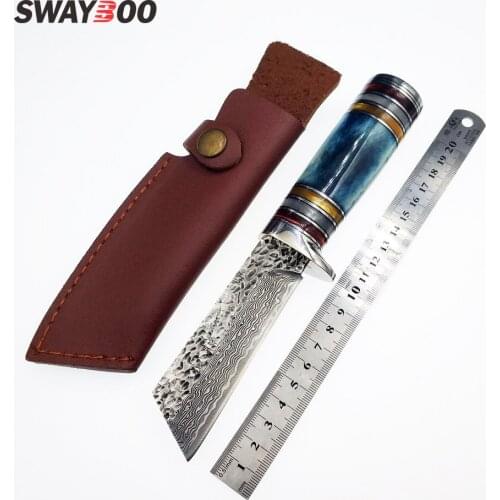 Swayboo high quality survival knife camping camel bone resin brass handle pure manual forging Damascus steel knife fixed blade