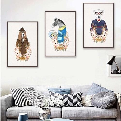 Cartoon Animals Zebra Dog Bear Vinyl Canvas Paintings For Kids Room Decoration Babys Decals Stickers Bear Fox Wall Bedroom Décor