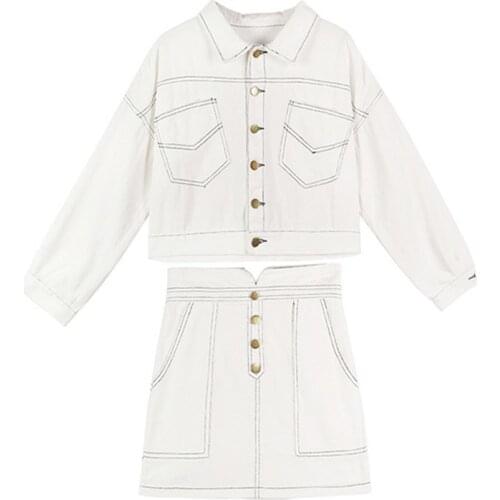 PERHAPS U Women Set Jeans Denim Jacket Mini Skirt Solid Two Pieces Set Turn Down Collar Black White T0022