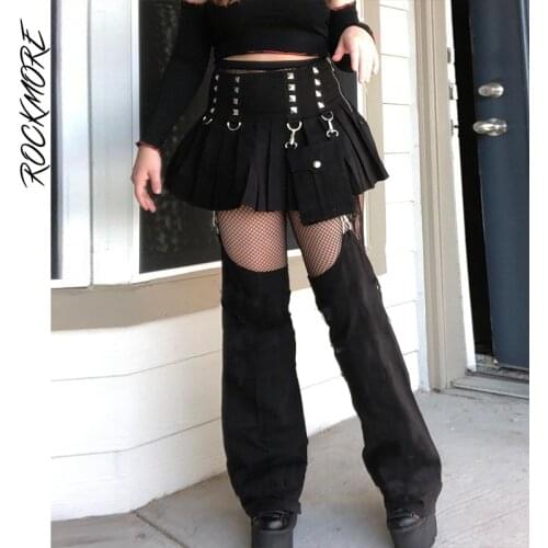 Rockmore Rivet Pleated Jeans Women Gothic Cargo Pants Y2K Punk High Waist Removable Buckle Cutout Trousers Dark Academic Grunge
