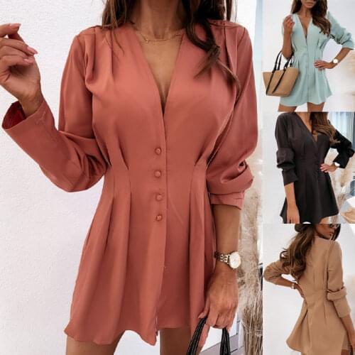 2021 Spring Elegant Sexy V-neck Solid Dress women Casual Button Long Sleeve Short Mini Dress A-line Office Ladies Dresses