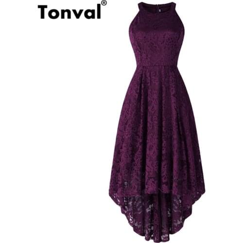 Tonval Purple Lace Long Dress Women Elegant Hollow Shoulder Fit and Flare Dresses High Low Hem Midi Dress