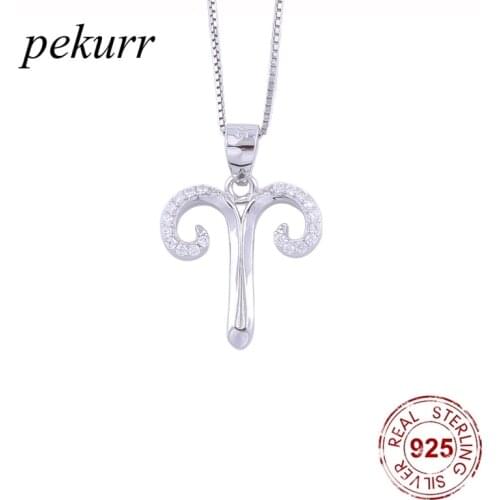 Pekurr 925 Sterling Silver Aries Zircon Horoscope Necklaces For Women Constellations Pendants Zodiac Sign Fashion Jewelry
