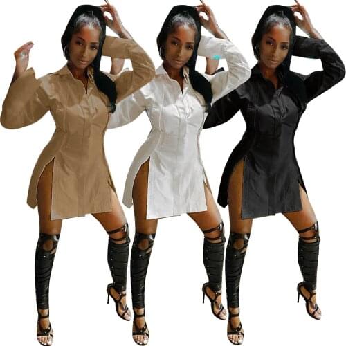 Sexy X-long Sleeve Shirt Dress Women Streetwear High Split Button-up Dresses 2021 Club Party Wear Turn Down Collar Elegant Dress