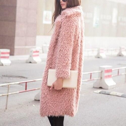 CFYH Winter Wool Overcoat Warm Long Outerwear Women Pink Faux Fur Coat Turn Down Collar Long Sleeve Cardigan Female Outwear