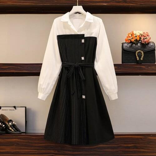 5XL plus size women vintage Stripe A line dress autumn winter 2021 long sleeve button Diamond Fake two Patchwork dresses