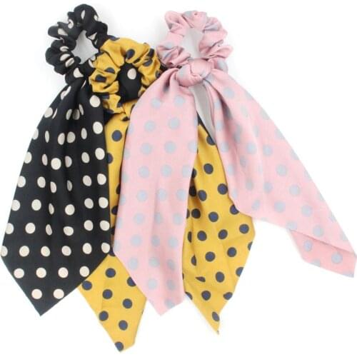 Furling Girl 1 PC Multicolor Dot Knotted Satin Long Ribbon Ponytail Scrunchies Women Elastic Hair Bands Hair Accessories