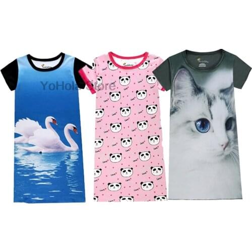 3D Cats Pajamas Girls Cotton Nightdress Little Teen Casual Pajamas Dresses Children Summer Nightgown Home Clothes Kid Sleepwear