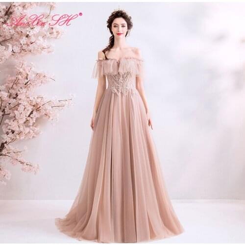 AnXin SH princess Light pink lace Bride evening dress luxury boat neck dinner party ruffles beading crystal evening Dress 2212