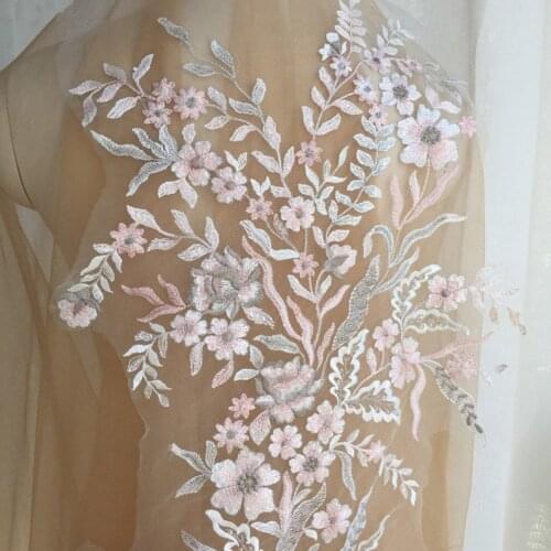 Large embroidered leaf floral lace applique, A piece of pink, white, silver stitching applique patch trim lace motif for costume