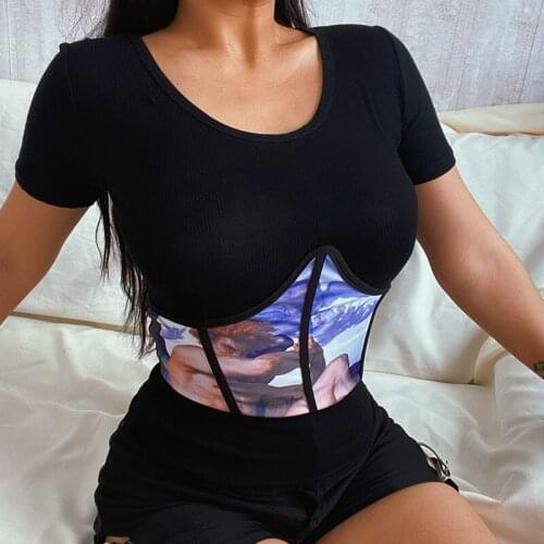 Oil Painting Print Black Corset Goth High Waist Corsets Harajuku Vintage Waist Shaper Cummerbunds Patchwork Corset Clothing