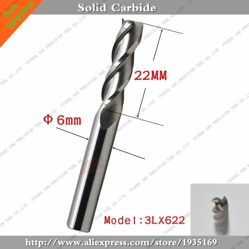 6mm*22mm,10pcs,Free shipping 3 Flutes End Mill,CNC milling Cutter,Solid carbide woodworking router bit,PVC,MDF,Acrylic,wood