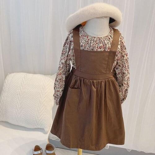 Girls Clothes Suit Autumn Winter New 2020 Korean Style Long-Sleeved Floral Shirt+Retro Sling Skirt 2pcs Sets Cotton Clothing