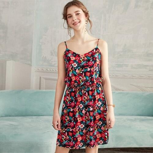 Beautiful and colorful flowers New holiday style elastic waist romantic print dress