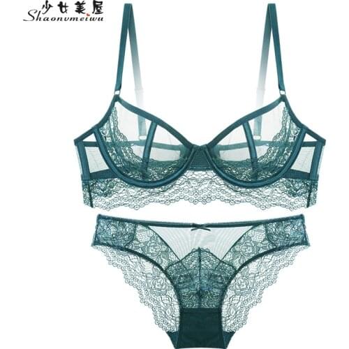 Lace ultra-thin sexy hollow transparent ladies underwear set bra and panty set plus size bra