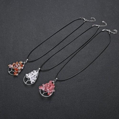 Kuziduocai New Fashion Fine Jewelry Leather Cord Irregular Natural Spar Tree Life Droplet Choker Necklace & Pendant For Women