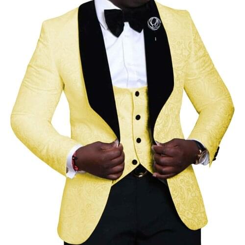 Yellow Black Shawl Lapel Wedding Suits For Mens Floral Jacquard Jacket With Pants Custom Made Formal Party Blazer Suit Man 2020