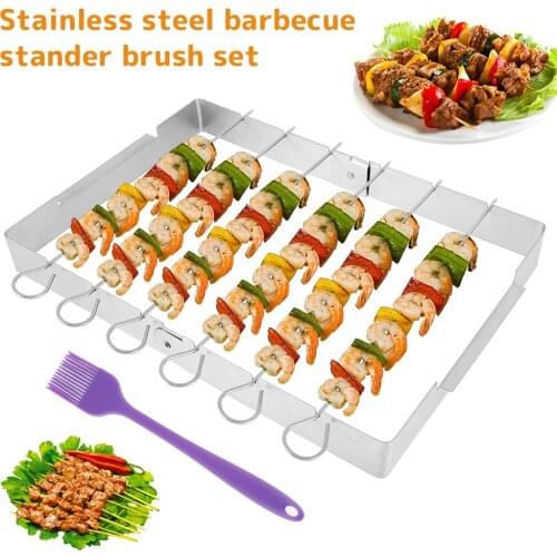 BBQ Skewers Set Reusable Stainless Steel Skewers Skewers Rack with Silicone Brush for Outdoor Camping Picnic Kitchen Accessories