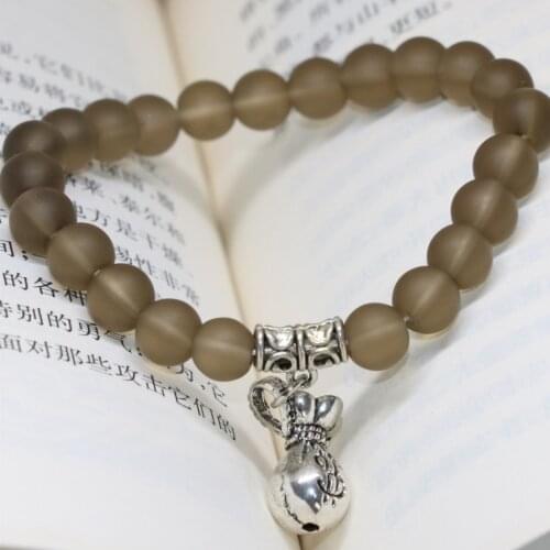 Original design high quality frosted matte gray crystal beads bracelets 8mm round money bag pendant charms jewelry 7.5inch B2191