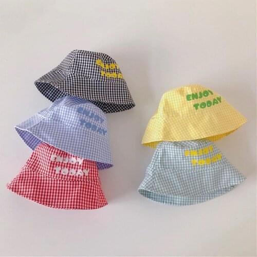 New Children Bucket Hats Outdoor Boys Girls Sun Caps Toddler Baby Panama Beach Cap Simple Plaid Kids Bucket Hat Bonnets