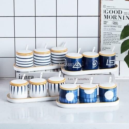 Underglaze Creative Japanese-style Household Kitchen Three-piece Salt Sugar Ceramic Seasoning Jar Seasoning Box Set
