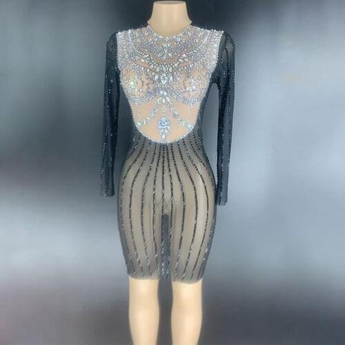 Luxury Crystal Black Mesh Perspective Short Dress Evening Prom Party Rhinestones Dresses Birthday Celebrate Outfit Stage Costume
