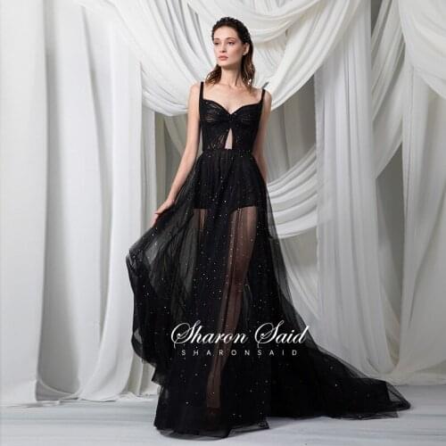 Sexy Spaghetti Straps Black Tulle Long Evening Dress Crystal See Through Jumpsuit Prom Dresses 2021 Girls Graduation Party Gowns
