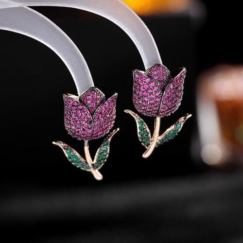 European and American new flower earrings, micro-inlaid color gems, elegant and exaggerated fashion tulip ear jewelry women