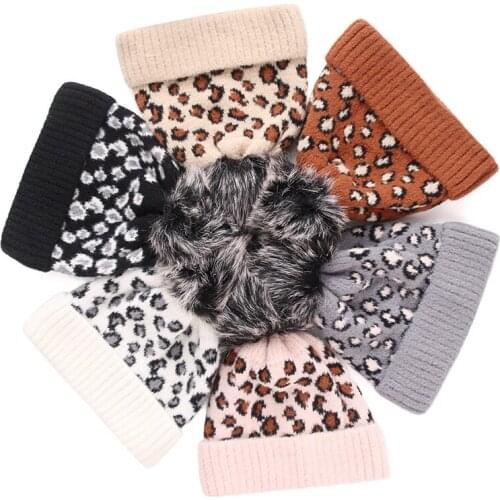 FOCUSNORM 7 Colors Adult/Kids Baby Girls Hats Leopard Print Warm Beanie Cap with Big Faux Fur Pom