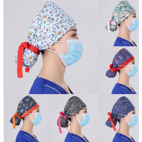 Cotton Scrub Nurse Hat Long Hair Gorros Quirurgicos Floral Bouffant Sanitary Cap With Sweatband Cartoon Printed Nursing Caps