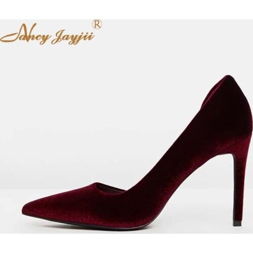 Nancyjayjii Woman Garnet Velvet Classic D'Orsay Pumps Lady Shoes Solid High Thin Heels Pointed Toe Slip-On Spring 2019 Shoes