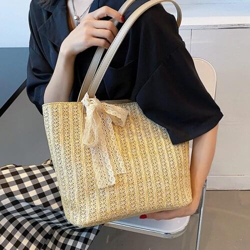 Women Hand-Woven Straw Handbag Shopper 2021 Summer Lace Bow Rattan Bag Big Capacity Casual Beach Shoulder Crossbody Purses