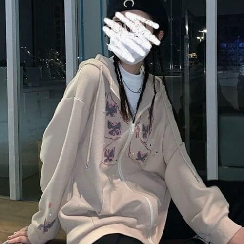 Zip Hooded Sweatshirt Waffle Winter Jacket Top Oversized Hoodie butterfly Retro Pocket Woman Clothes Long Sleeve Pullover