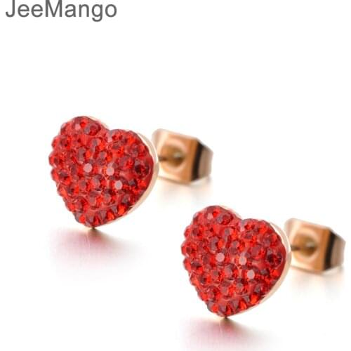 JeeMango Classic Titanium Steel Red Crystal Heart Lovely Earring Rose Gold Rhinestone Wedding Stud Earrings For Women E18008