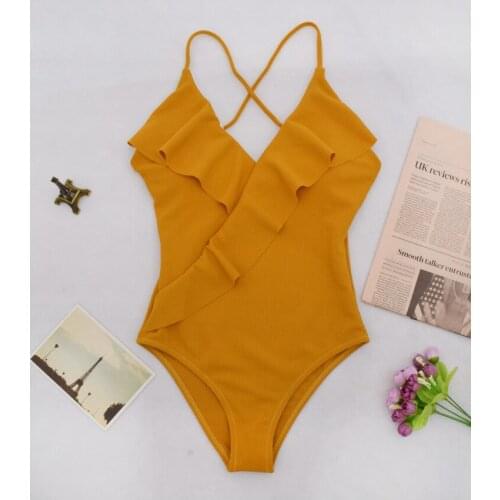 Happy Ending Solid One-piece Women Swimsuit Falbala Deep V Neck Sexy Bikini Set 2018 New Ladies Beach Bathing Suit Swimwear