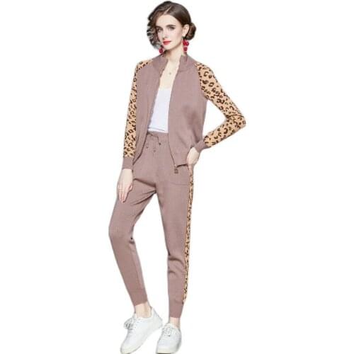 2021Spring Leopard Knitted Sweater Tops+Ankle-length Pants Sets Long Sleeve Jumpers Trousers Suits for Woman Knitted 2 PCS Set