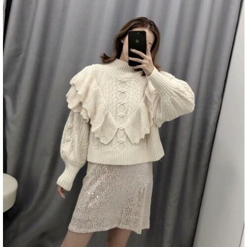 Women Winter Lantern Sleeve Knitted Sweater Fashion Vintage High Neck Warmth Female Pullovers Chic Ruffled Cropped AutumnTops