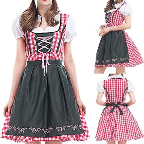 Fashion Women Bandage Piaid Printed Short Sleeve Bavarian Oktoberfest Lolita Party Costumes Barmaid Dirndl Dress Vestidos#35