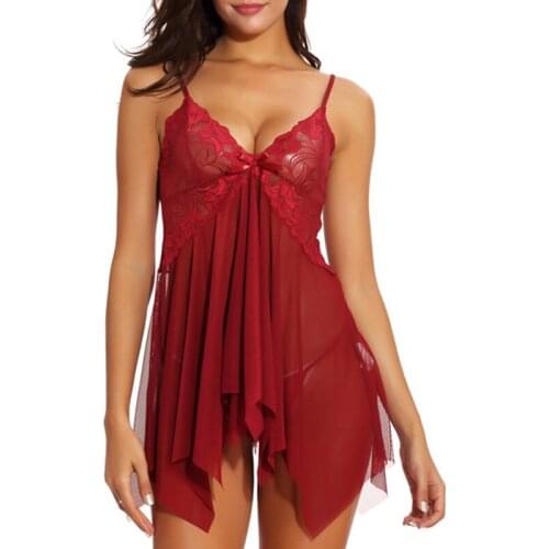 Womens Sexy Lace Lingerie Mesh Nightgown Casual Full Lace Decoration Hollow One-piece Seductive Nightwear Hot Sale